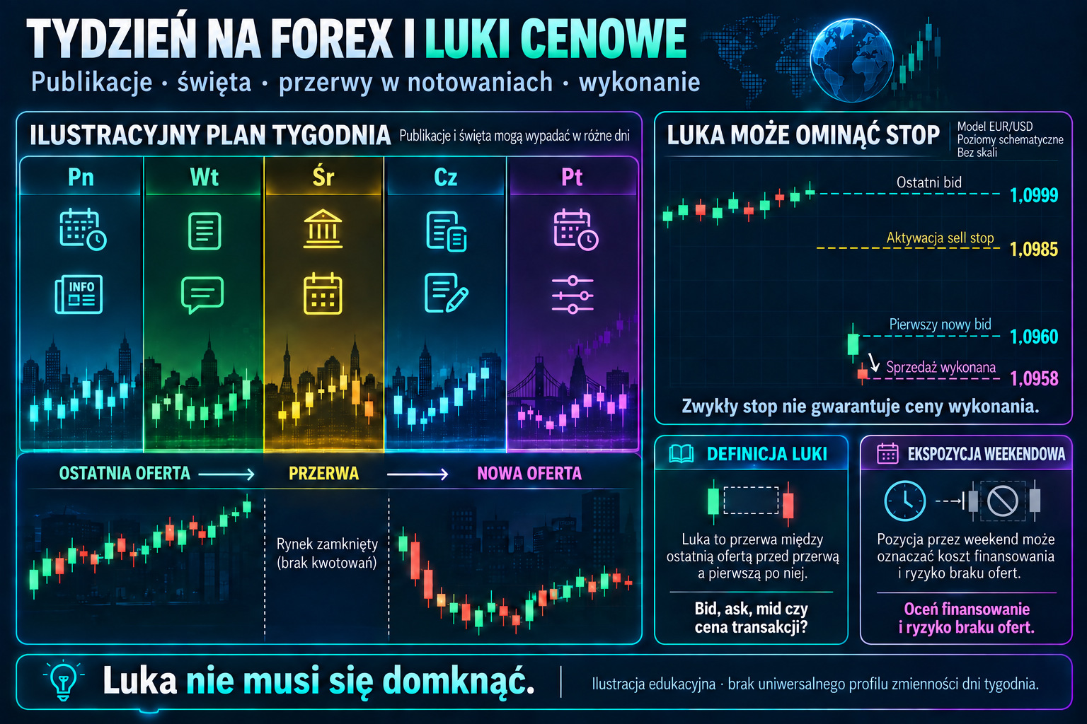Tydzień handlowy i luka EUR/USD: ostatni bid, poziom stop, pierwsza oferta i wykonanie