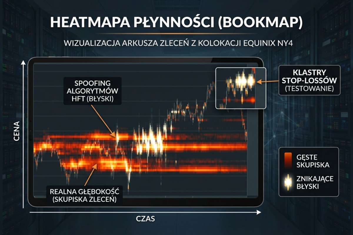 Heatmapa płynności (Bookmap) — wizualizacja arkusza zleceń z kolokacji Equinix NY4: gęste skupiska to realna głębokość, błyski znikające w sekundach to spoofing algorytmów HFT testujących klastry stop-lossów