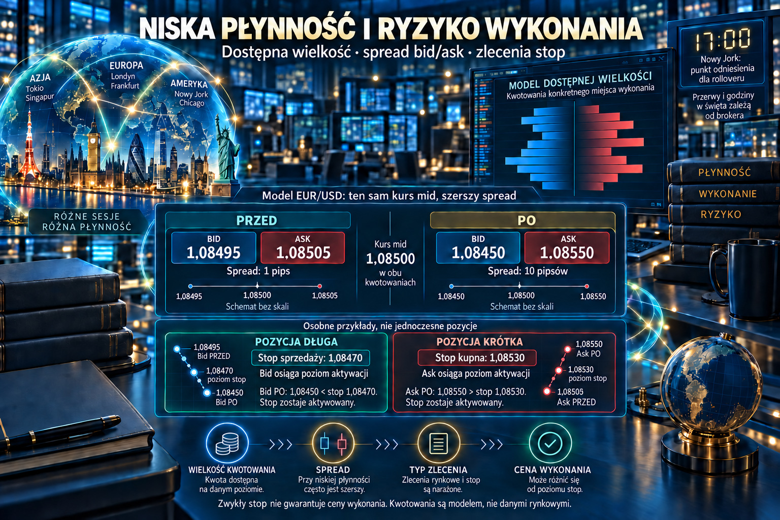 Niska płynność: szerszy spread przy stałym mid i dwa osobne zlecenia stop