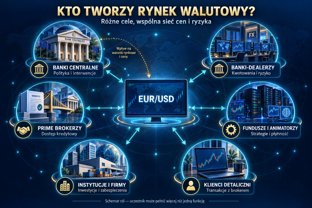 Sieć ról i relacji uczestników rynku Forex. Role uczestników tworzą sieć zależności; nie istnieje jedna obowiązkowa trasa zlecenia.