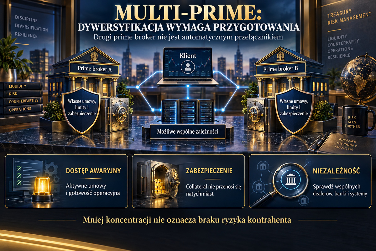 Dywersyfikacja prime brokerów i wspólne zależności. Dywersyfikacja wymaga aktywnych umów, własnego zabezpieczenia i sprawdzenia wspólnych zależności.