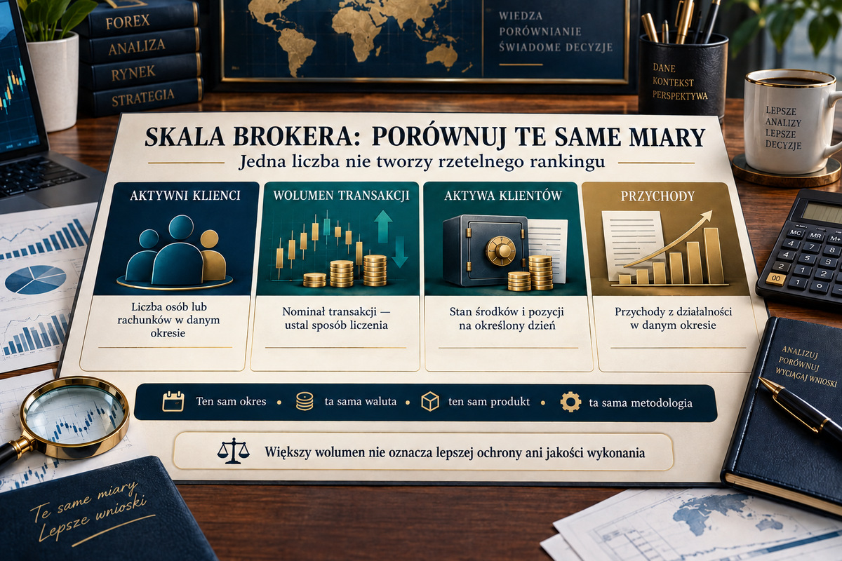 Miary skali brokera: zakres, okres i metodologia. Miary skali opisują różne aspekty działalności; do porównania wymagają zgodnego zakresu, okresu i metodologii.