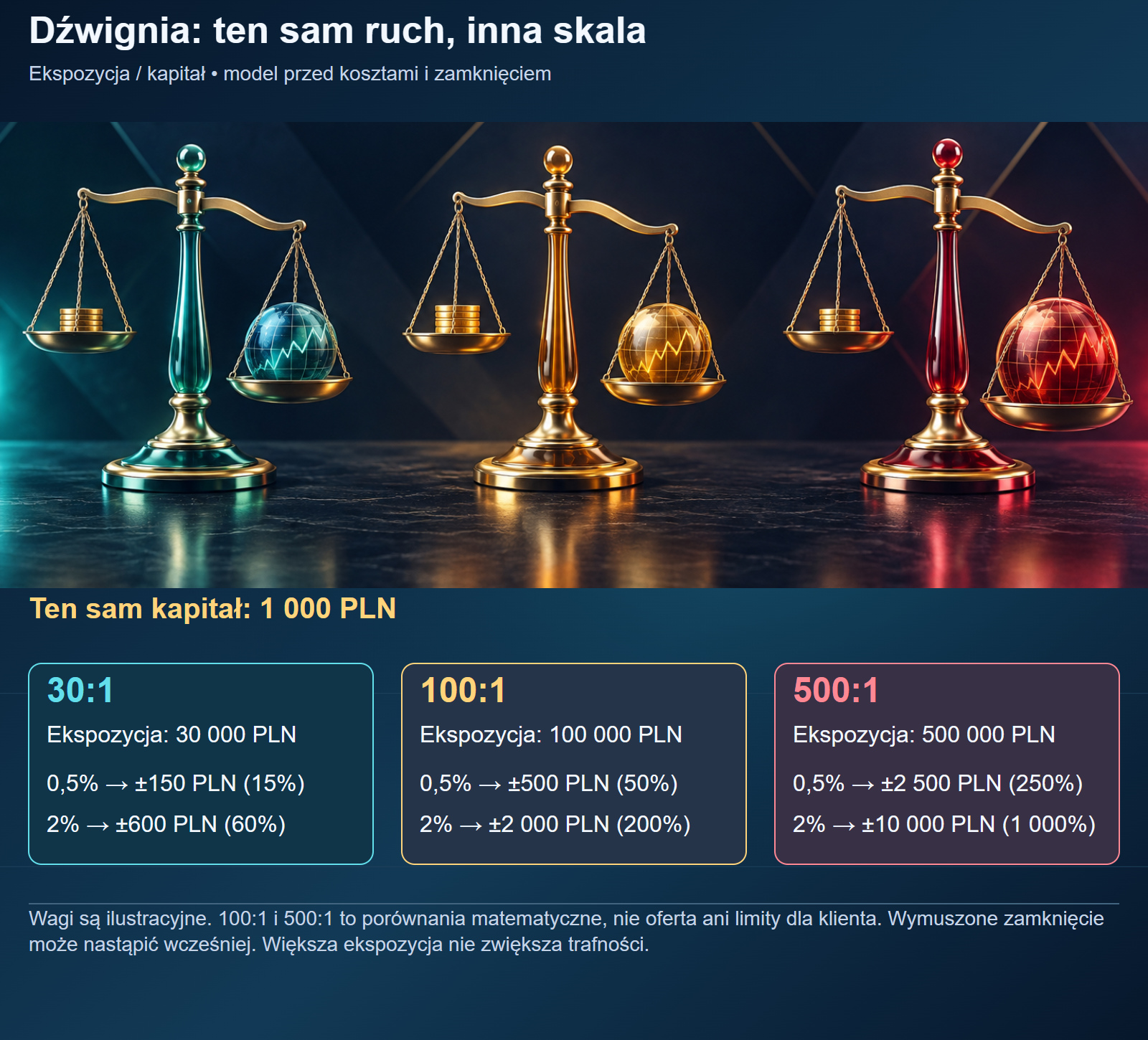 Ten sam kapitał i relacje ekspozycja/kapitał 30:1, 100:1, 500:1: arytmetyczny wpływ ruchów 0,5% i 2%.
