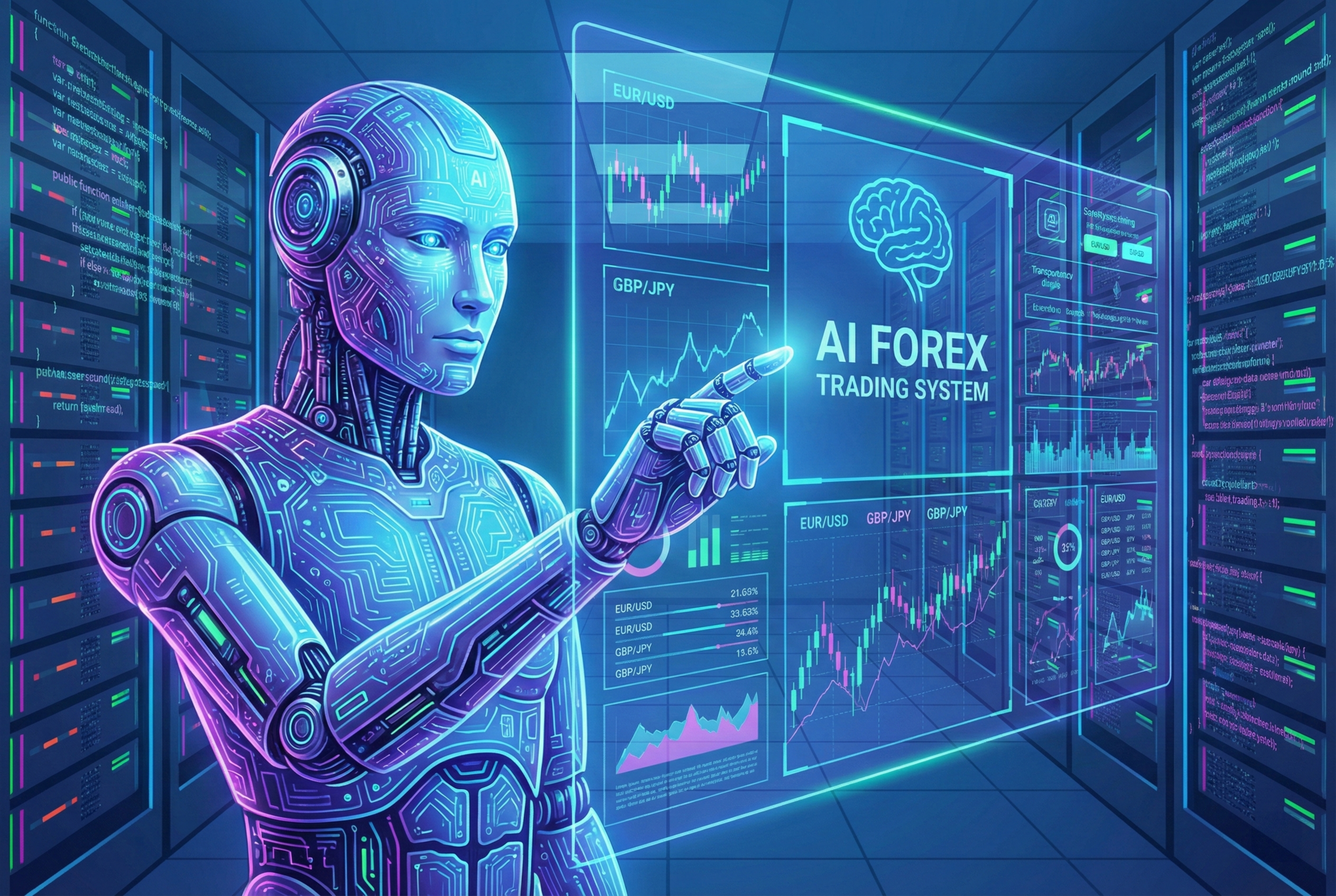 Robot przy ekranach z wykresami — ilustracja automatyzacji handlu.