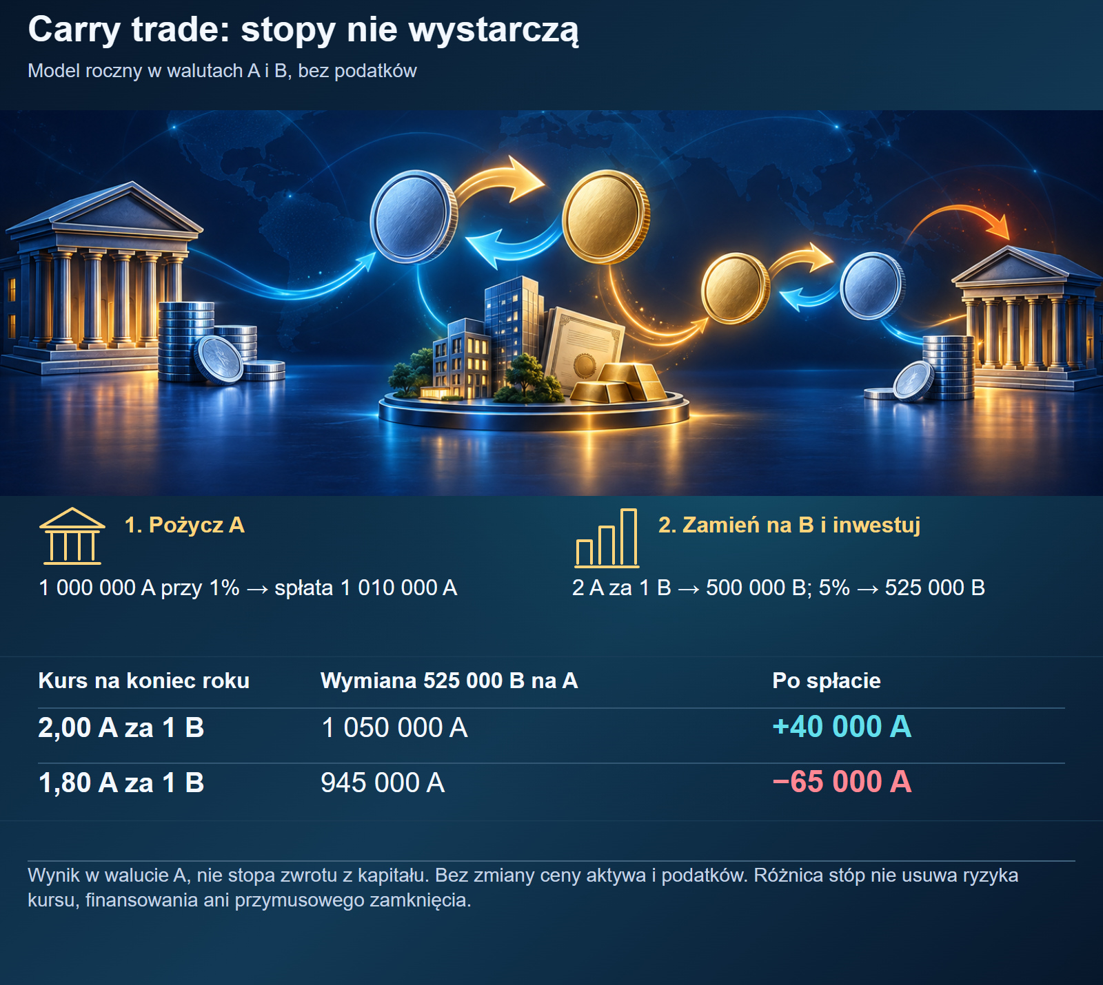 Model carry trade: finansowanie w A, aktywo w B i wynik +40 000 A lub −65 000 A zależnie od kursu.